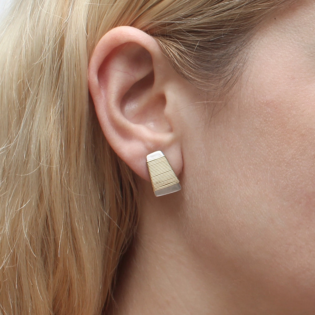 Marjorie Baer Post Earrings: Wire-Wrapped Small Tapered Rectangle, Silver with Brass Wire-Wrapping