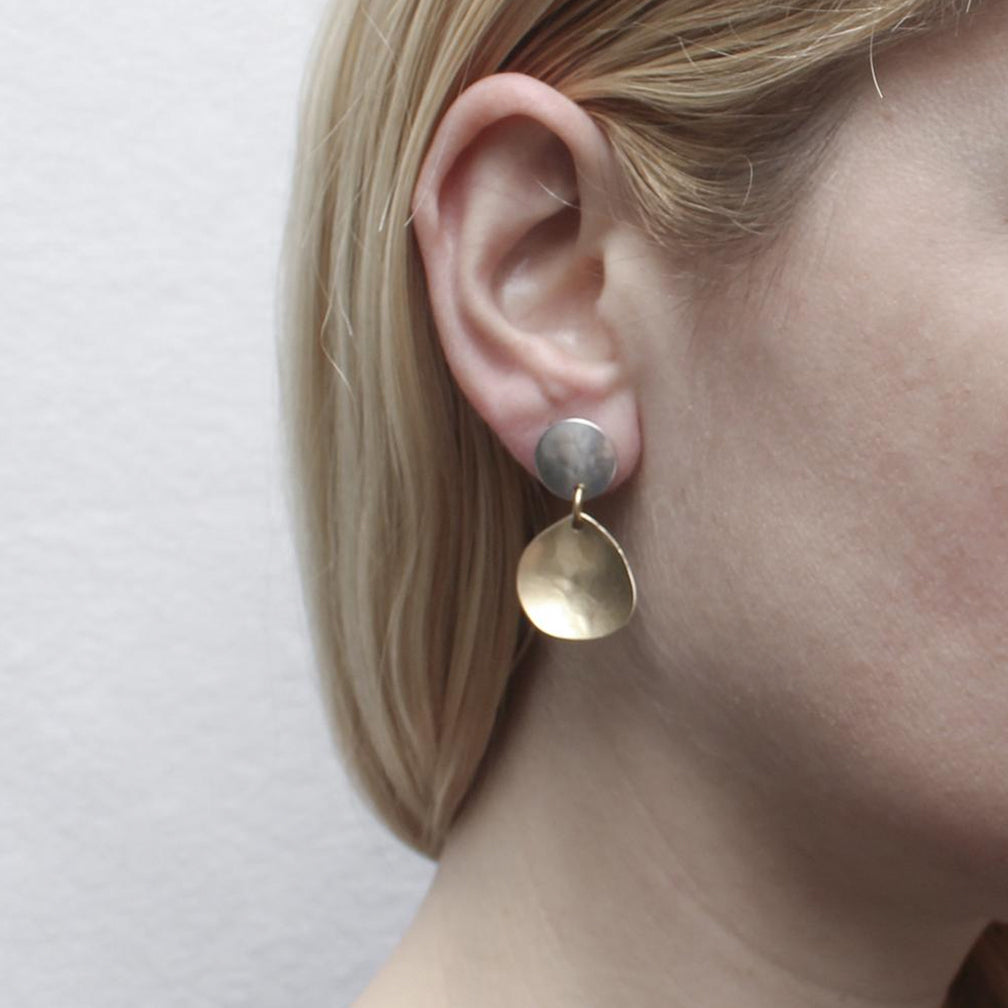 Marjorie Baer Post Earrings: Small Hammered Disc with Organic Teardrop with Wave