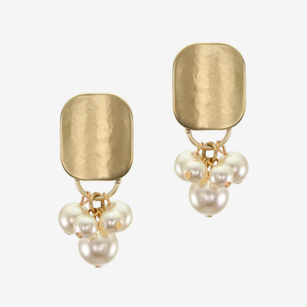 Marjorie Baer Clip Earrings: Dished Oval with Pearl Cluster, Brass