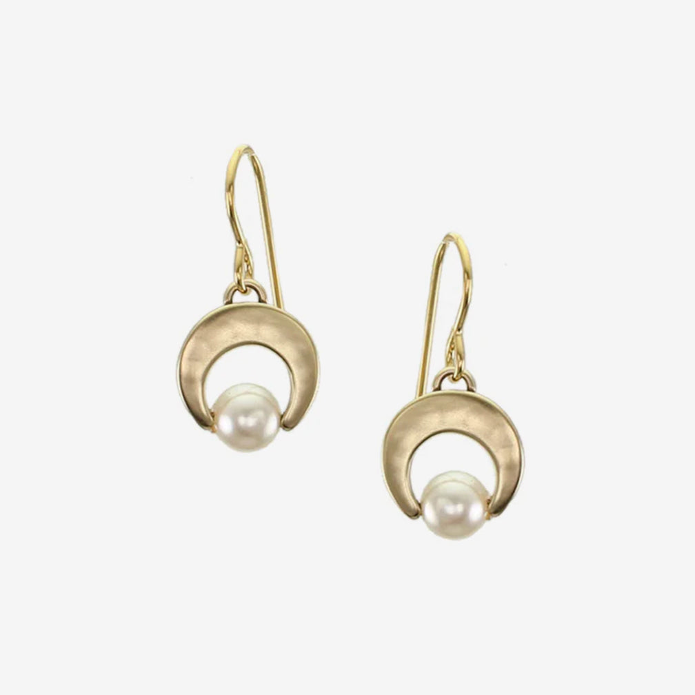 Marjorie Baer Wire Earrings: Small Crescent and Pearl, Brass