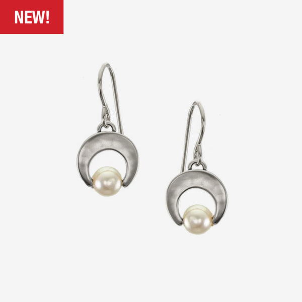 Marjorie Baer Wire Earrings: Small Crescent and Pearl, Silver