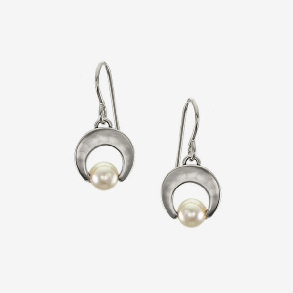 Marjorie Baer Wire Earrings: Small Crescent and Pearl, Silver