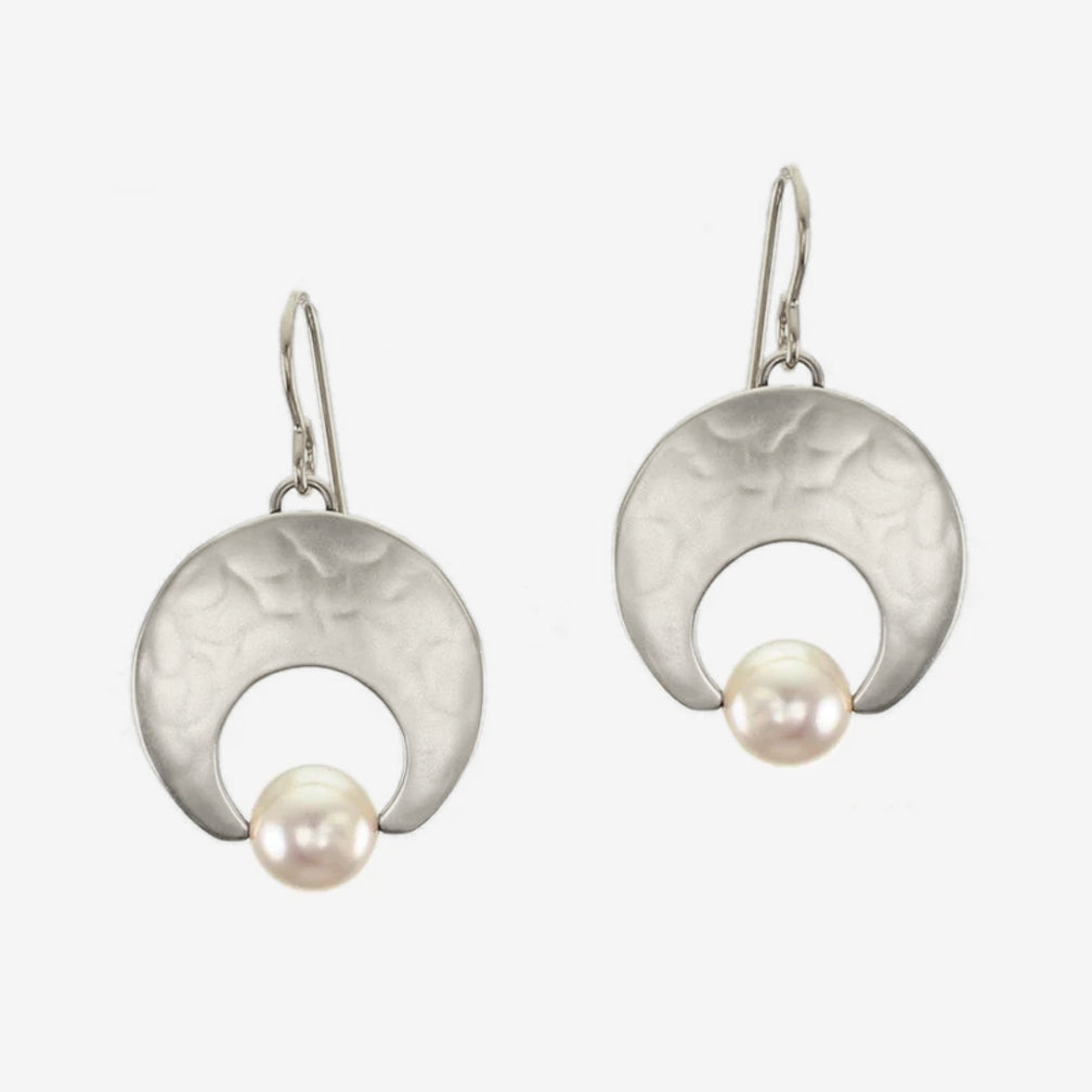 Marjorie Baer Wire Earrings: Large Crescent and Pearl, Silver