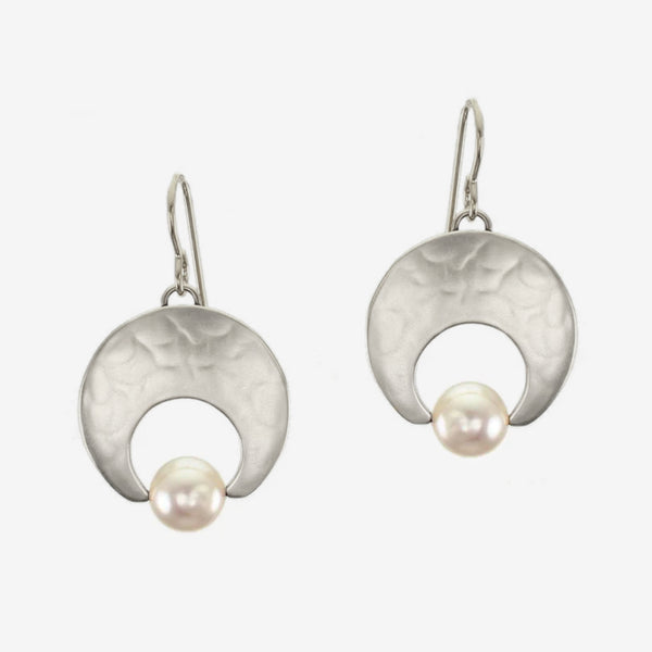 Marjorie Baer Wire Earrings: Large Crescent and Pearl, Silver