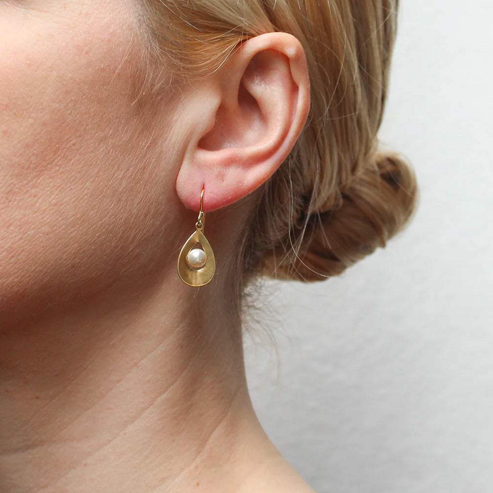 Marjorie Baer Wire Earrings: Small Teardrop with Pearl, Brass
