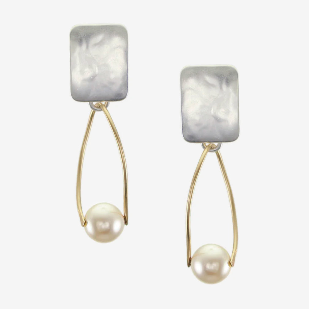 Marjorie Baer Post Earrings: Rectangle with Suspended Pearl, Brass & Silver