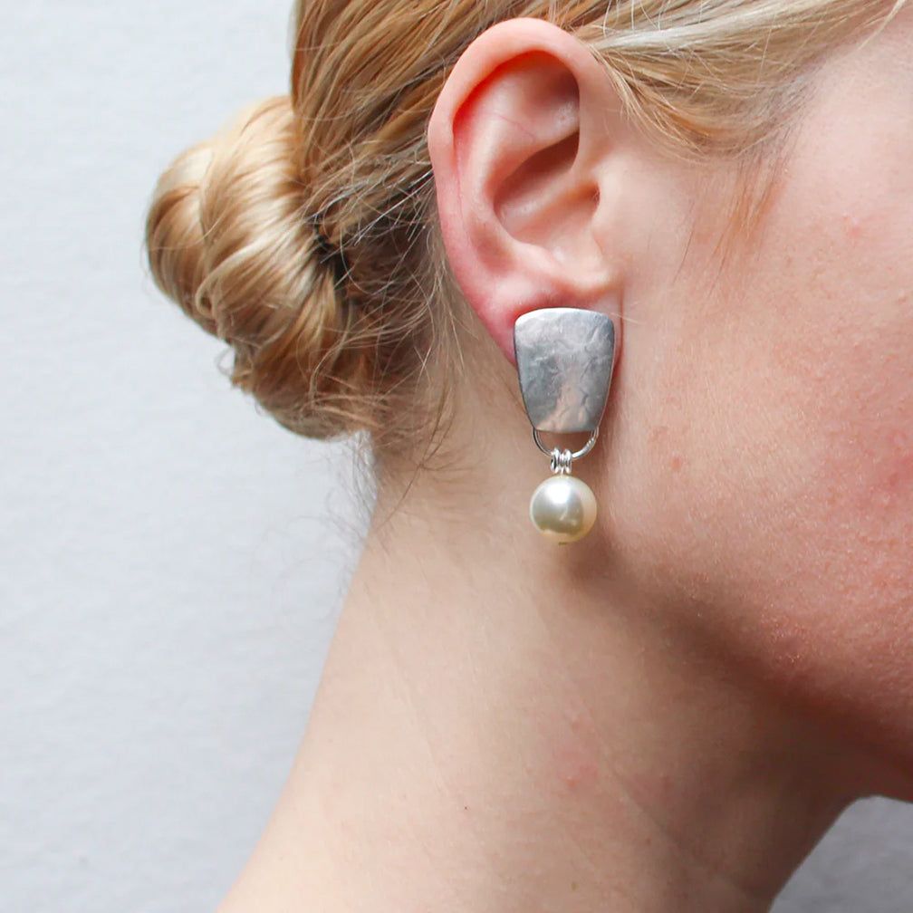 Marjorie Baer Post Earrings: Taper with Large Cream Pearl, Brass