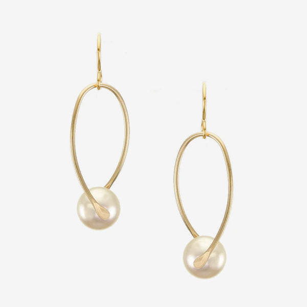 Marjorie Baer Wire Earrings: Suspended Pearl, Brass