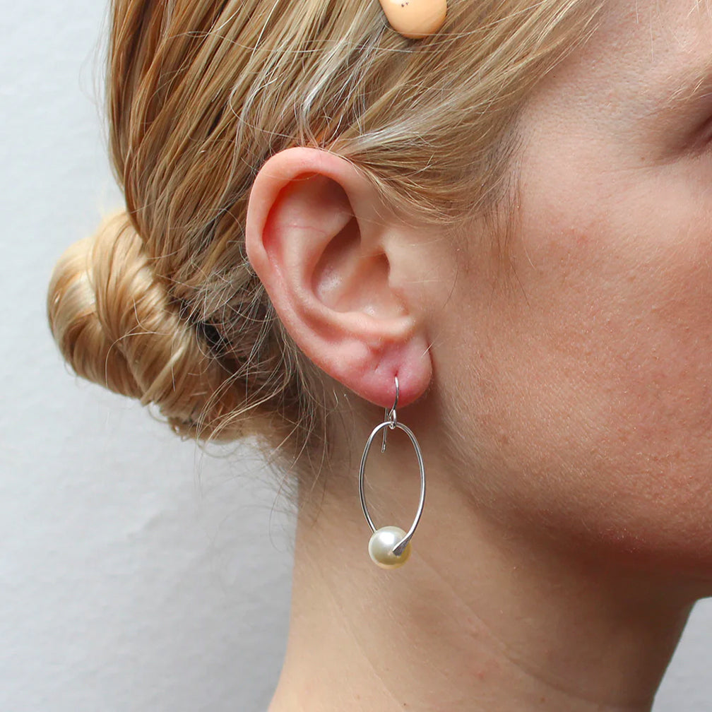 Marjorie Baer Wire Earrings: Suspended Pearl, Silver