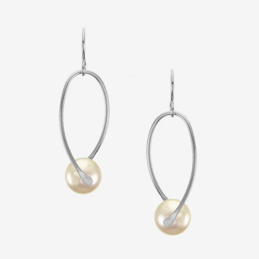 Marjorie Baer Wire Earrings: Suspended Pearl, Silver