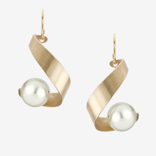 Marjorie Baer Wire Earrings: Curl with Cream Pearl Drop, Brass
