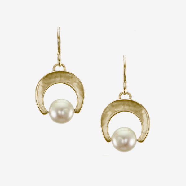 Marjorie Baer Wire Earrings: Medium Crescent and Pearl, Brass