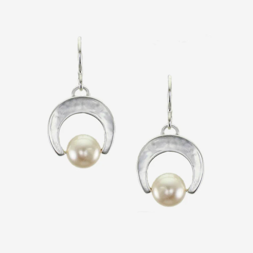 Marjorie Baer Wire Earrings: Medium Crescent and Pearl, Silver