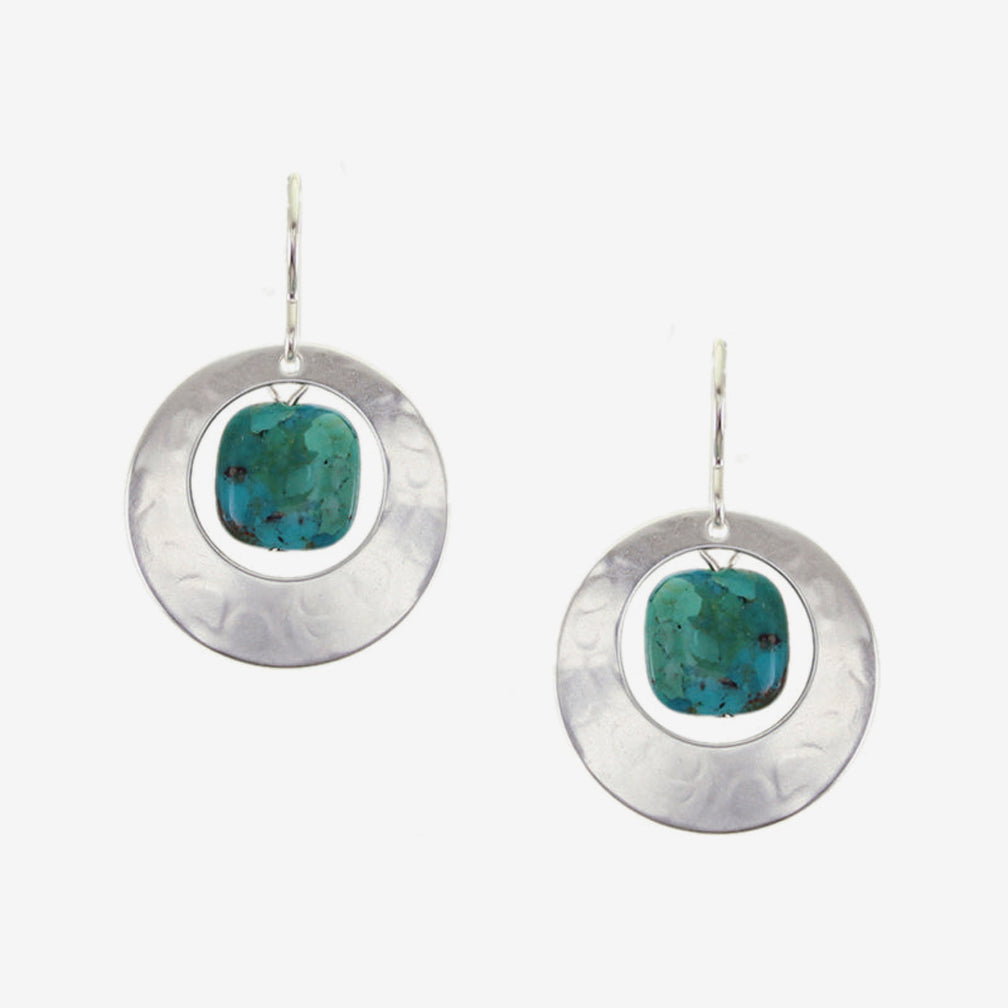 Marjorie Baer Wire Earrings: Cutout Disc with Square Turquoise Bead, Silver