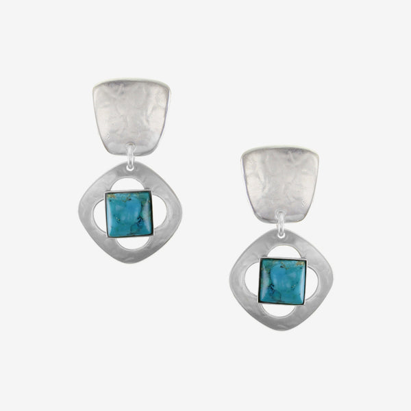 Marjorie Baer Post Earrings: Tapered Square with Square with Cutout Flower and Turquoise Gem, Silver