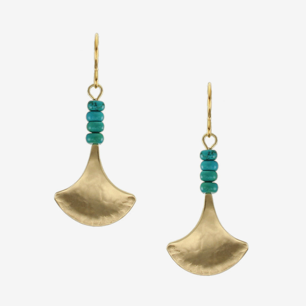 Marjorie Baer Wire Earrings: Gingko Leaf with Turquoise Bead Stack, Brass