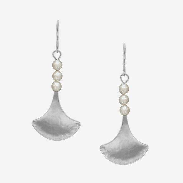 Marjorie Baer Wire Earrings: Gingko Leaf with Pearl Stack, Silver