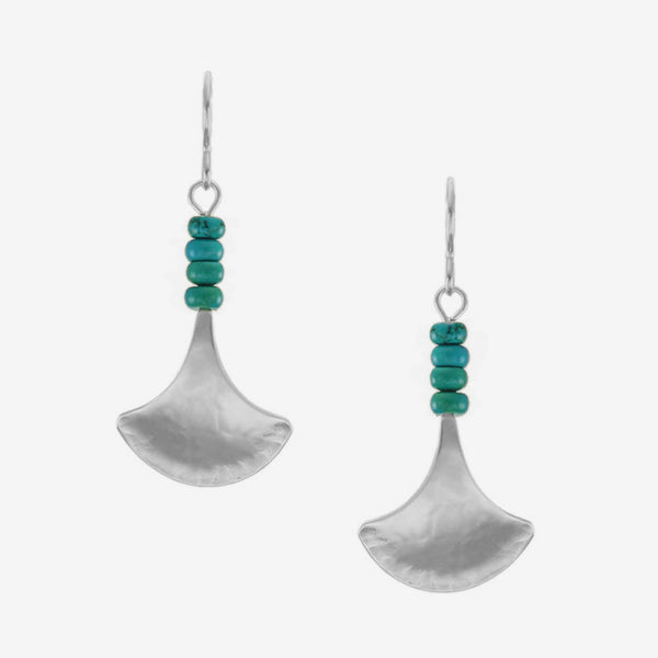Marjorie Baer Wire Earrings: Gingko Leaf with Turquoise Bead Stack, Silver