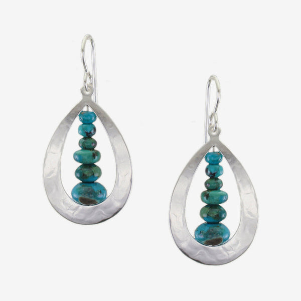 Marjorie Baer Wire Earrings: Cutout Teardrop with Turquoise Bead Stack, Silver