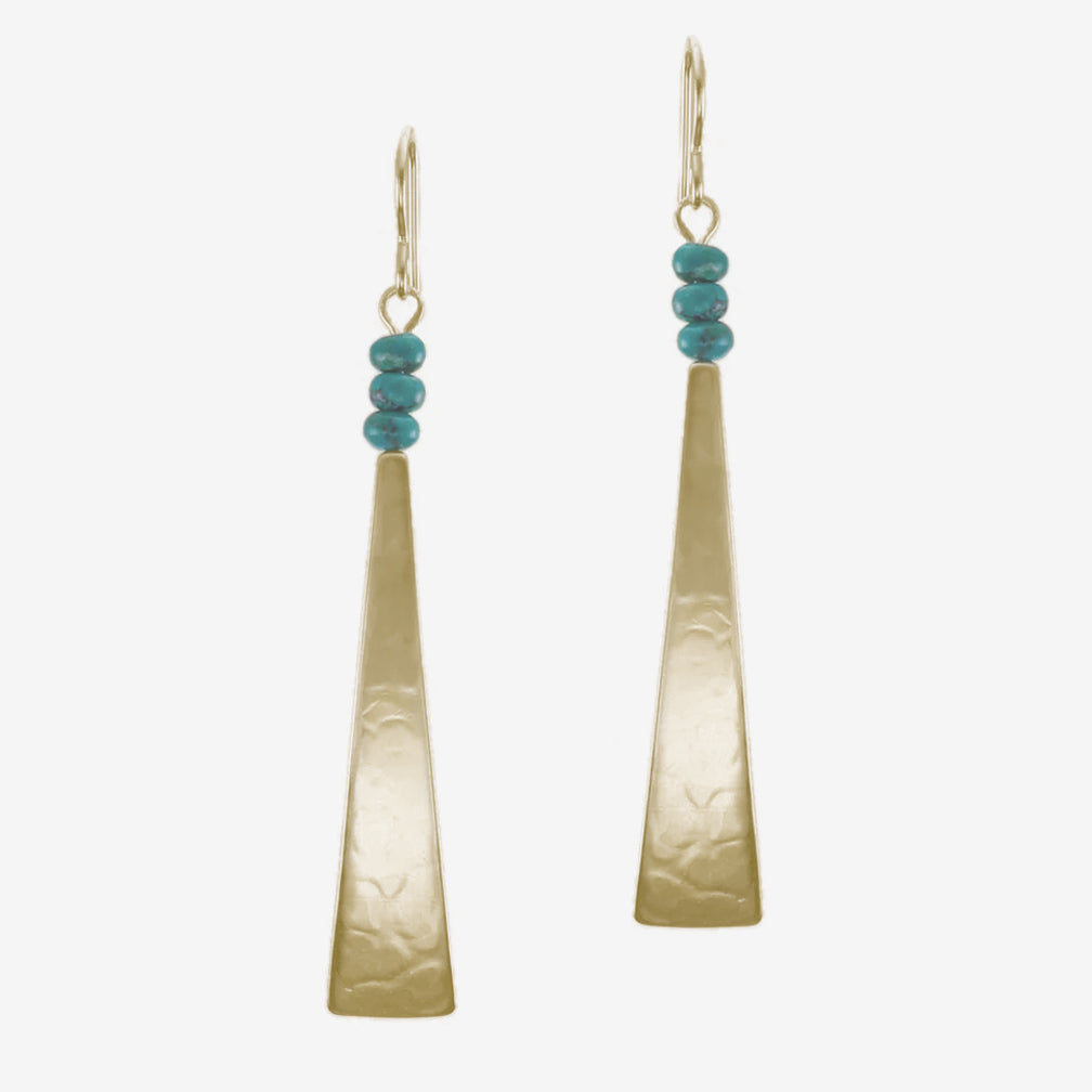 Marjorie Baer Wire Earrings: Long Triangle with Turquoise Bead Stack, Brass