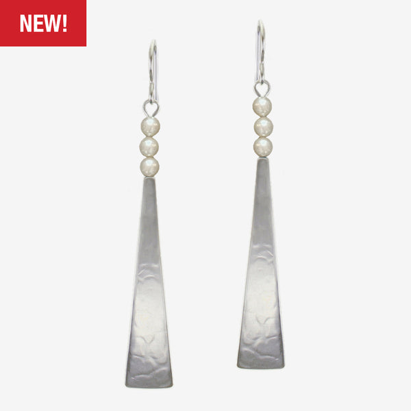 Marjorie Baer Wire Earrings: Long Triangle with Pearl Stack, Silver