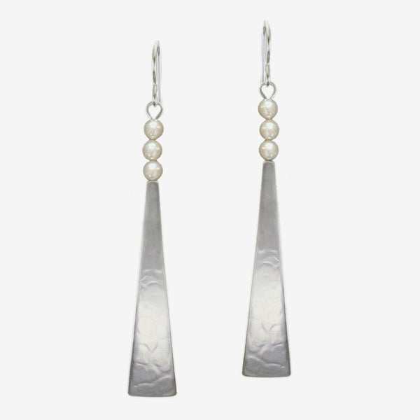 Marjorie Baer Wire Earrings: Long Triangle with Pearl Stack, Silver