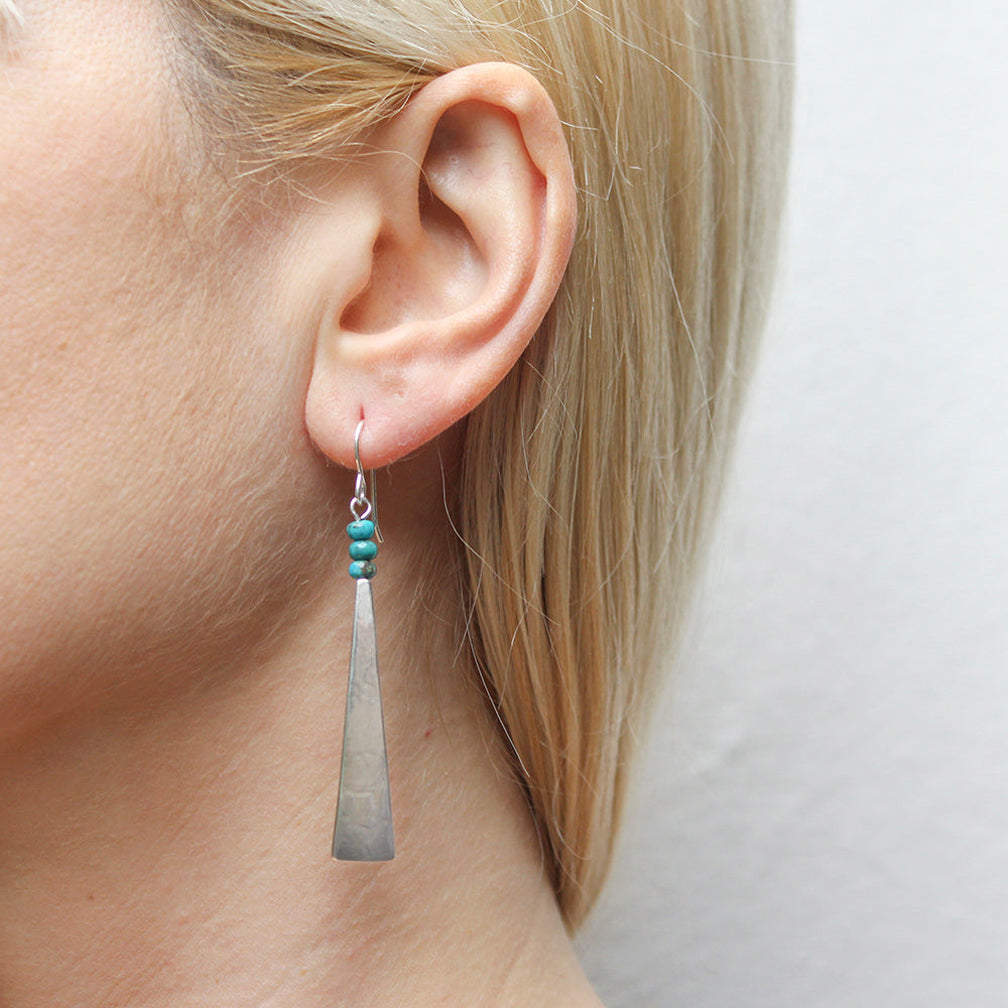 Marjorie Baer Wire Earrings: Long Triangle with Turquoise Bead Stack, Brass
