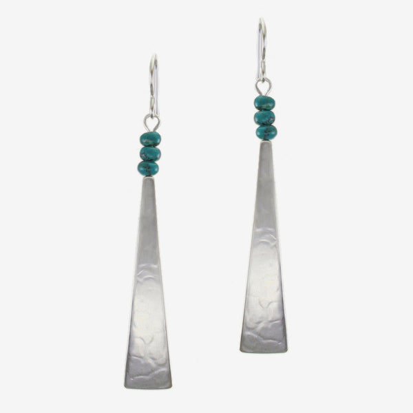 Marjorie Baer Wire Earrings: Long Triangle with Turquoise Bead Stack, Silver