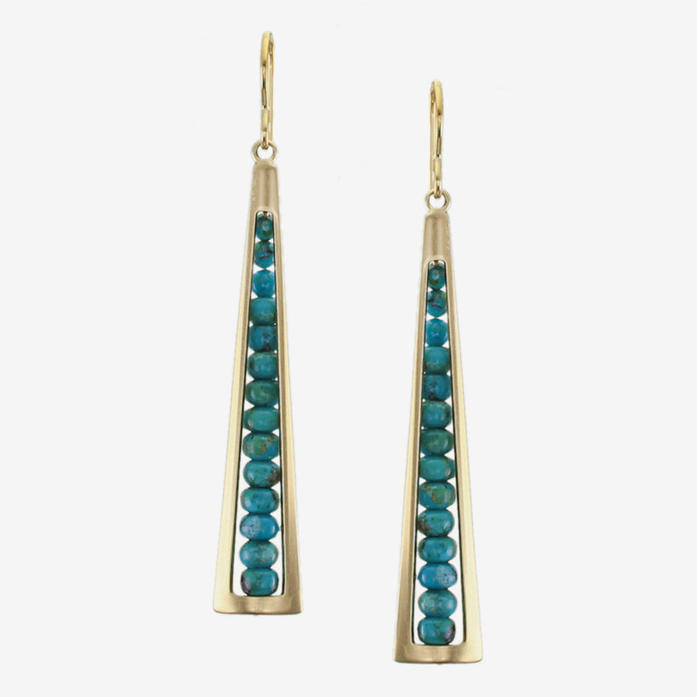 Marjorie Baer Wire Earrings: Long Cutout with Turquoise Bead Stack, Brass