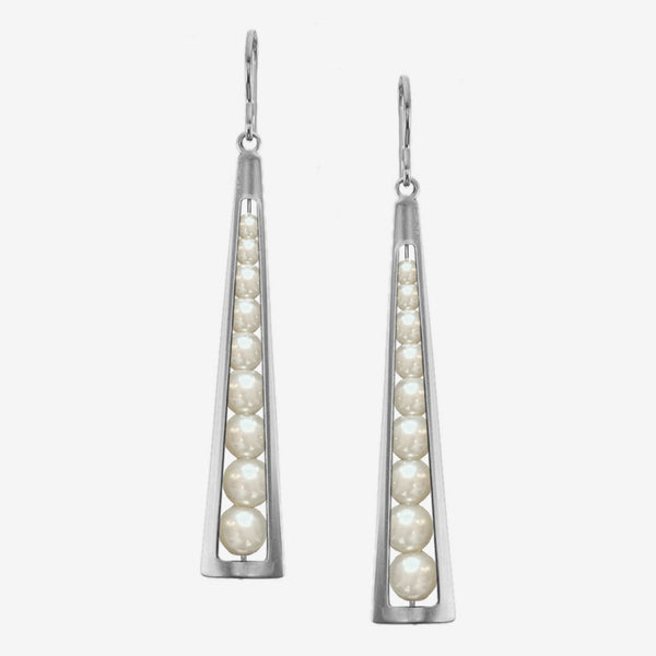 Marjorie Baer Wire Earrings: Long Cutout with Pearl Stack, Silver