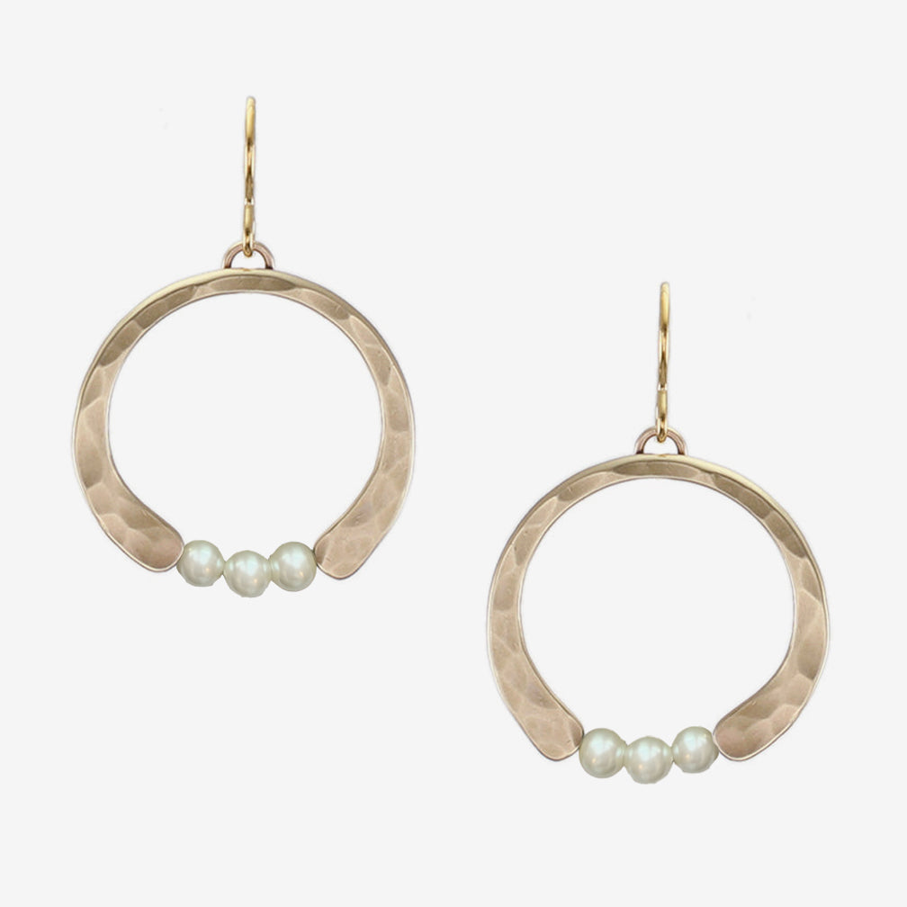 Marjorie Baer Wire Earrings: Crescent with Pearls, Brass