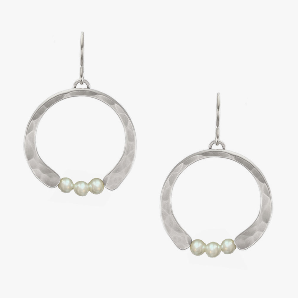 Marjorie Baer Wire Earrings: Crescent with Pearls, Silver