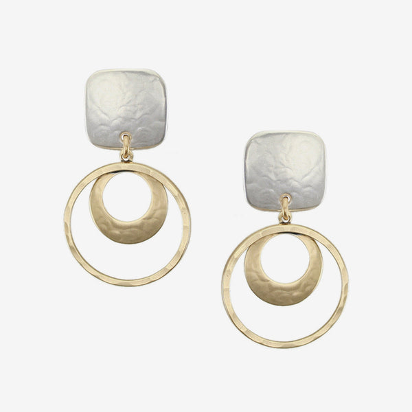 Marjorie Baer Post Earrings: Square with Rings and Cutout Disc