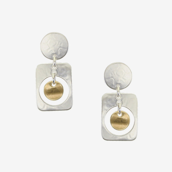 Marjorie Baer Post Earrings: Disc with Rounded Rectangle with Hanging Disc