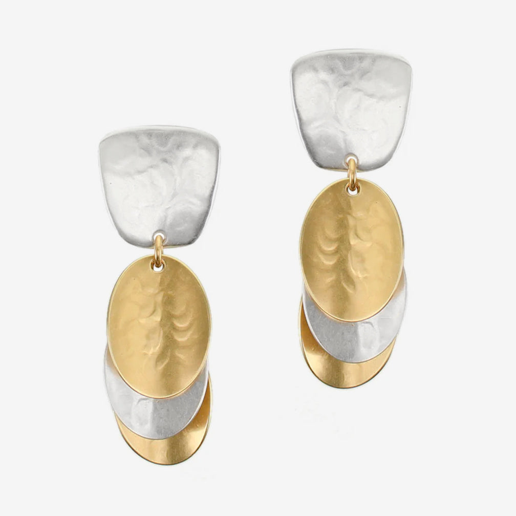 Marjorie Baer Clip Earrings: Tapered Square with Small Stacked and Dished Ovals