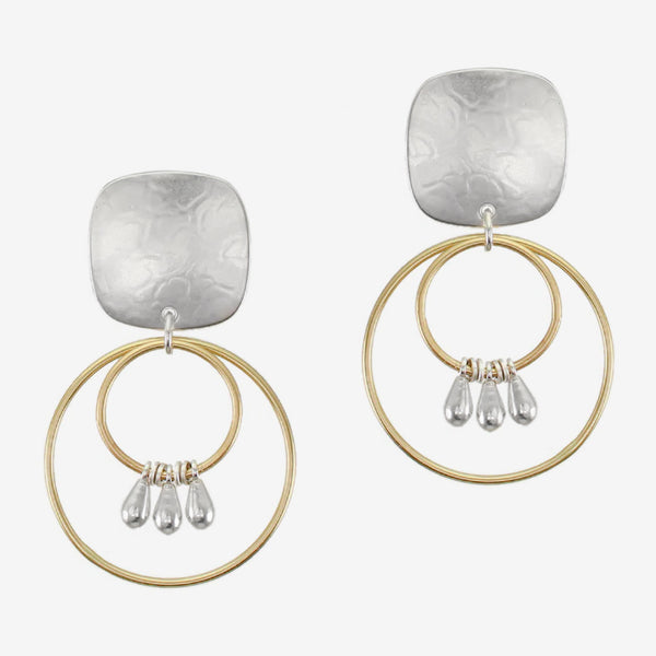 Marjorie Baer Post Earrings: Large Rounded Square with Double Rings and Teardrops, Brass & Silver