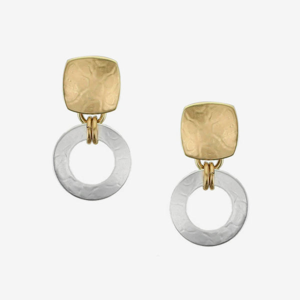 Marjorie Baer Post Earrings: Square with Double Linked Ring, Brass & Silver