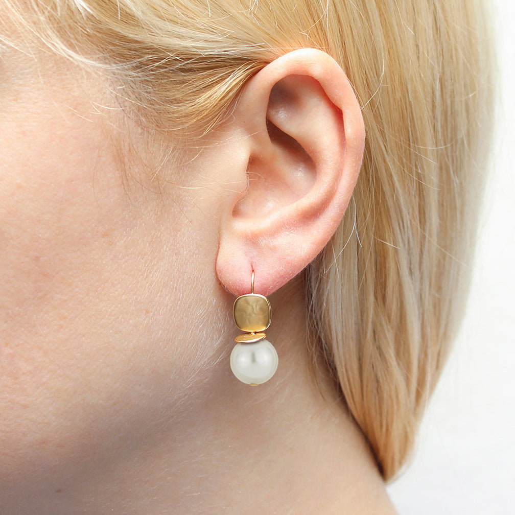 Marjorie Baer Wire Earrings: Rounded Square with Flat Disc and Cream Pearl, Brass