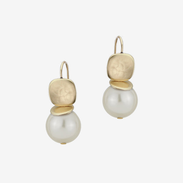Marjorie Baer Wire Earrings: Rounded Square with Flat Disc and Cream Pearl, Brass