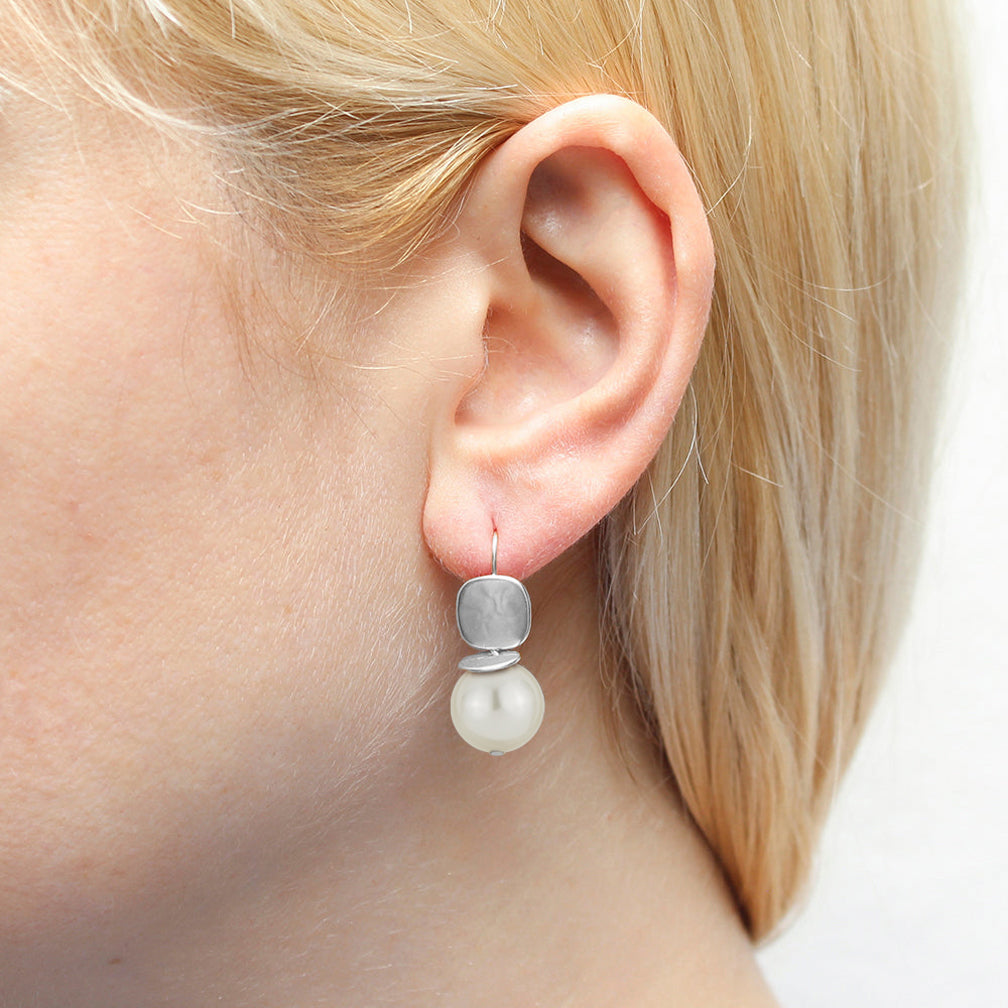 Marjorie Baer Wire Earrings: Rounded Square with Flat Disc and Cream Pearl, Silver