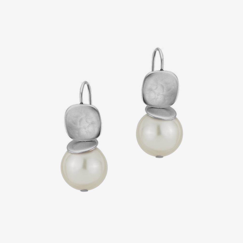 Marjorie Baer Wire Earrings: Rounded Square with Flat Disc and Cream Pearl, Silver