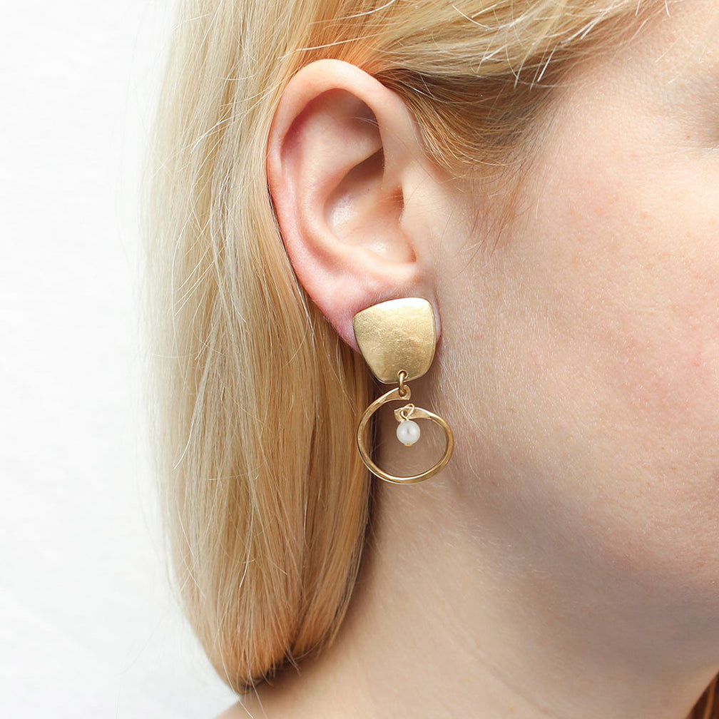 Marjorie Baer Clip Earrings: Brass Tapered Square with Small Hammered Spiral and Cream Pearl