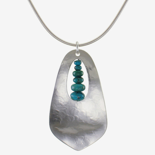 Marjorie Baer Necklace: Hammered Cutout Teardrop with Turquoise Bead Stack, Silver