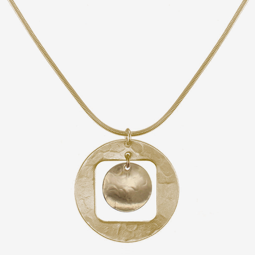 Marjorie Baer Necklace: Cutout Disc with Hanging Disc, Brass
