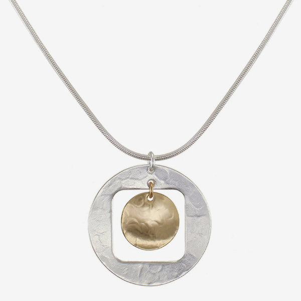 Marjorie Baer Necklace: Cutout Disc with Hanging Disc, Brass & Silver