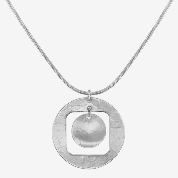 Marjorie Baer Necklace: Cutout Disc with Hanging Disc, Silver