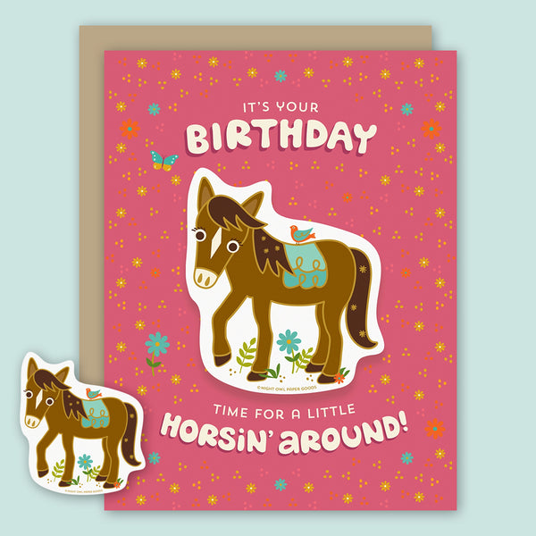 Night Owl Paper Goods Birthday Card: Horsin' Around Horse