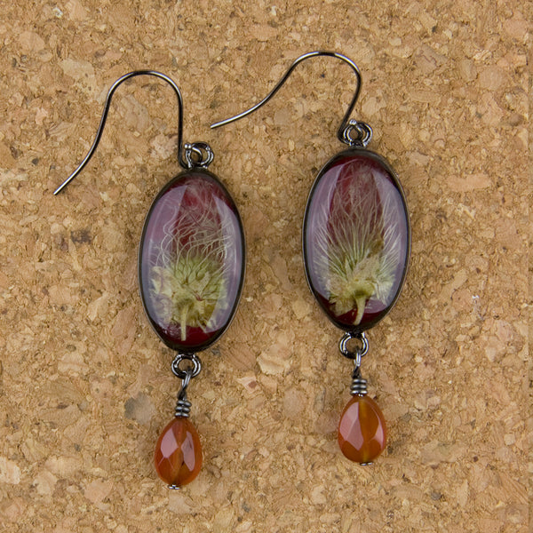 Shari Dixon Earrings: Apache Plume on Rhubarb, Small Oval with Drop