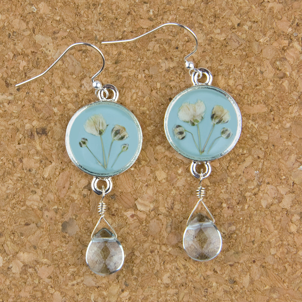 Shari Dixon Earrings: Baby’s Breath on Blue, Petite Round with Drop