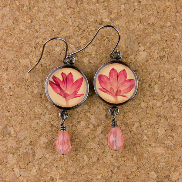 Shari Dixon Earrings: Cornflower on Creamsicle, Small Round with Drop